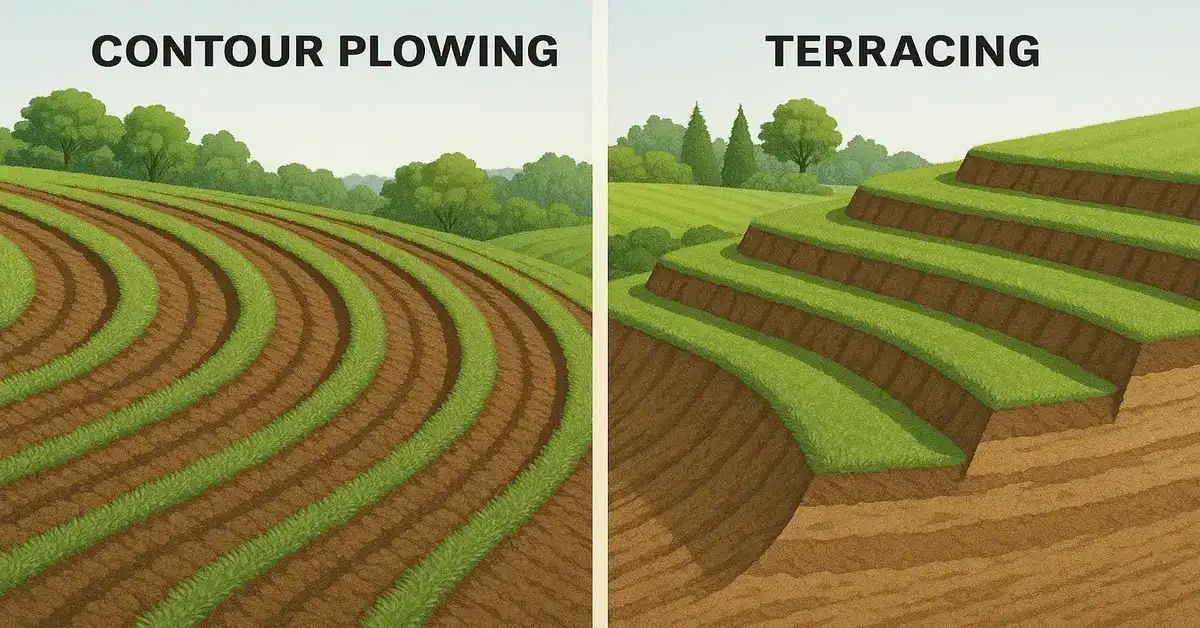 Prevent soil erosion using contour plowing and terracing on sloped farmland