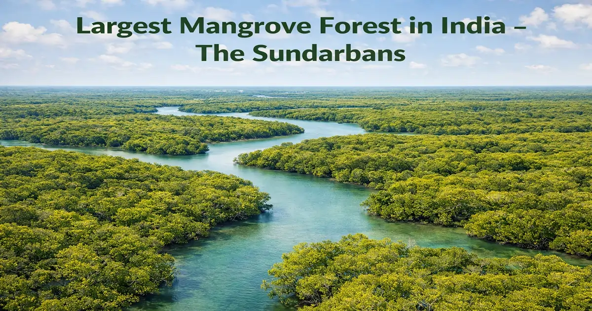 Aerial view of the Sundarbans mangrove forest with dense green canopy and winding tidal rivers