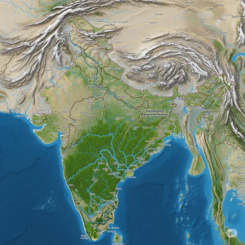 Map of India highlighting the Sundarbans region – India’s Largest Mangrove Forest by Area.