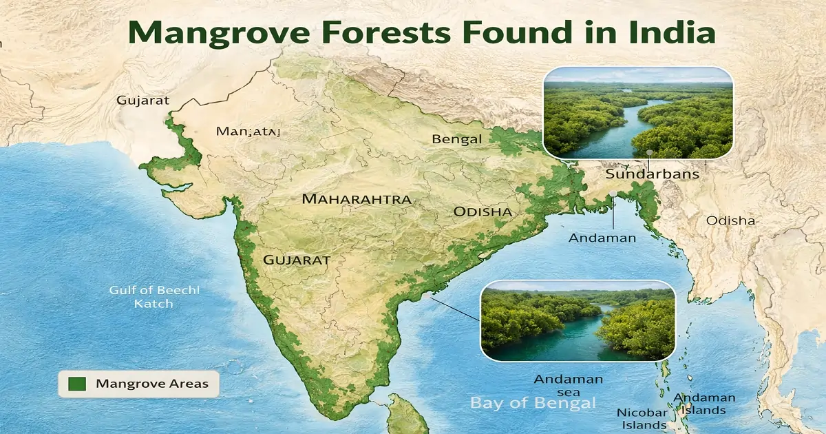 Map showing mangrove forest distribution along India’s coastline including Sundarbans and Andaman Islands