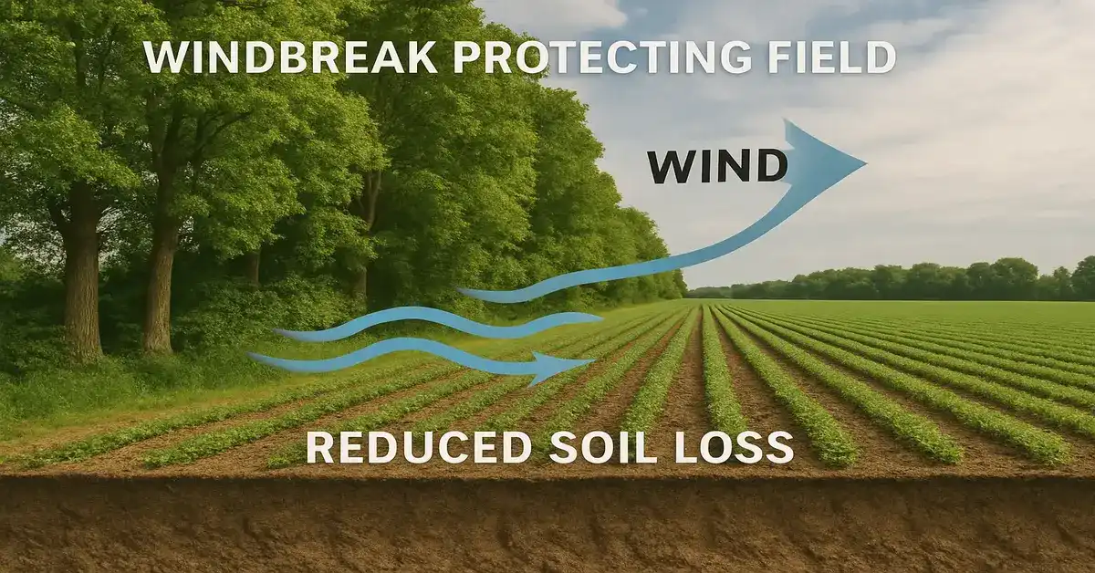 Windbreak trees protecting farmland from wind erosion and soil loss