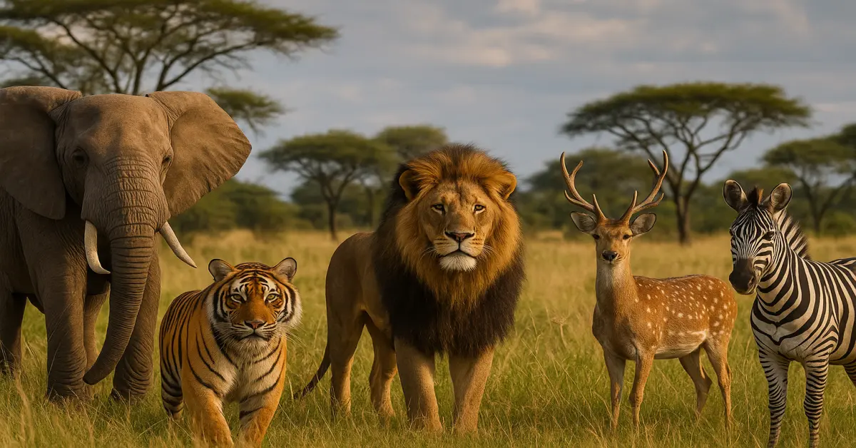Elephant, tiger, lion, deer, and zebra in natural habitat showcasing Global Wildlife Diversity and Its Significance