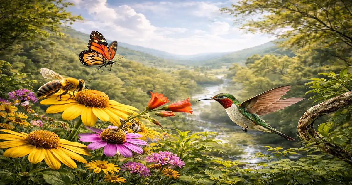 Bees, butterflies, and a bird interacting with flowers, showing ecological significance of wildlife diversity