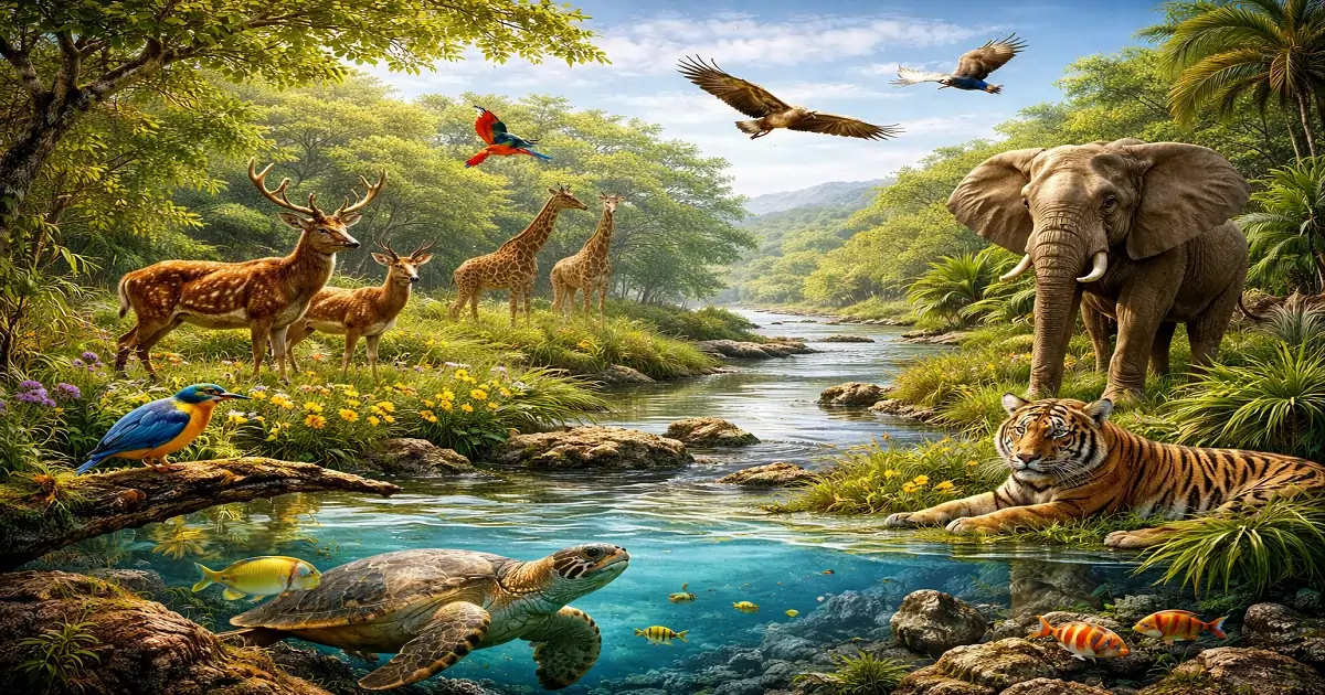 Animals from land, air, and water ecosystems showing global wildlife