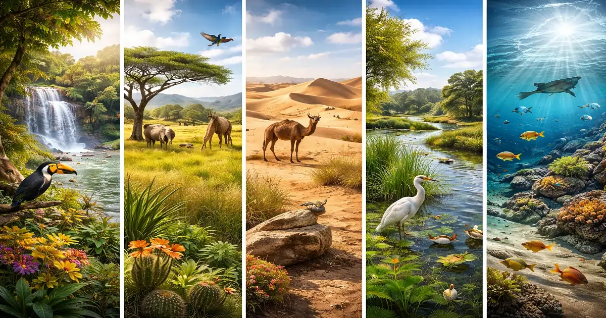 Forest, grassland, desert, wetland, and ocean habitats showing global wildlife environments