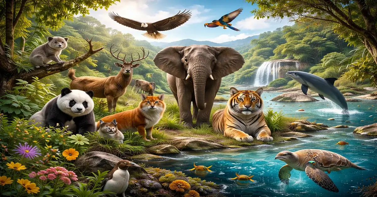 Animals from land, air, and water ecosystems showing different types of wildlife diversity