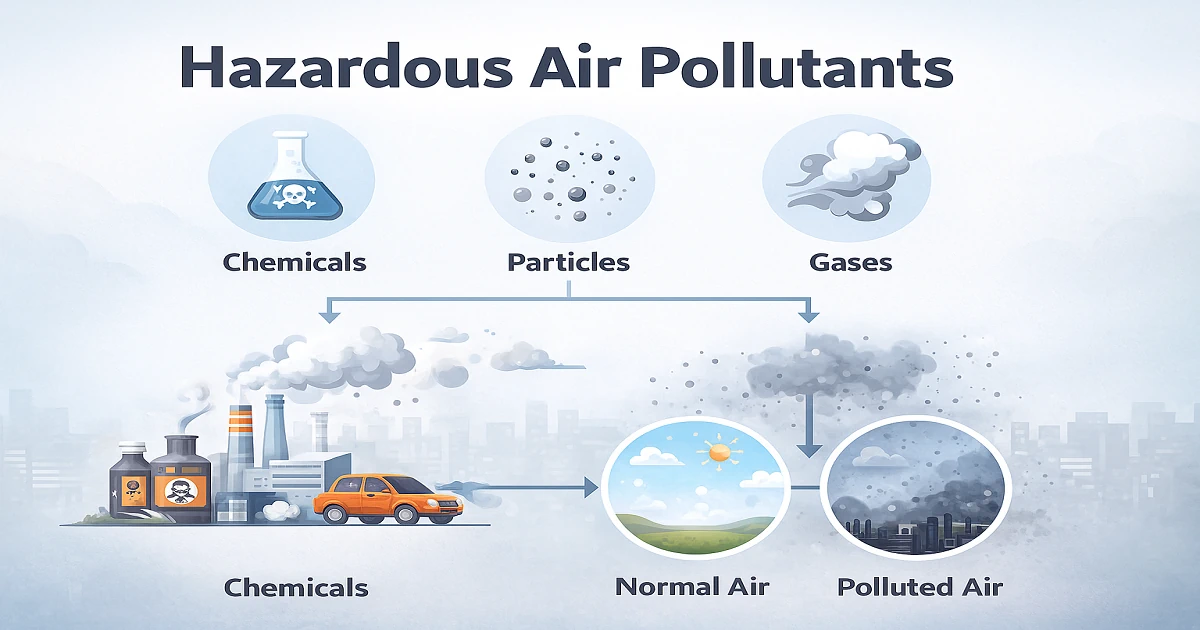 Hazardous air pollutants affecting daily life and wellbeing, showing key sources and health impacts.