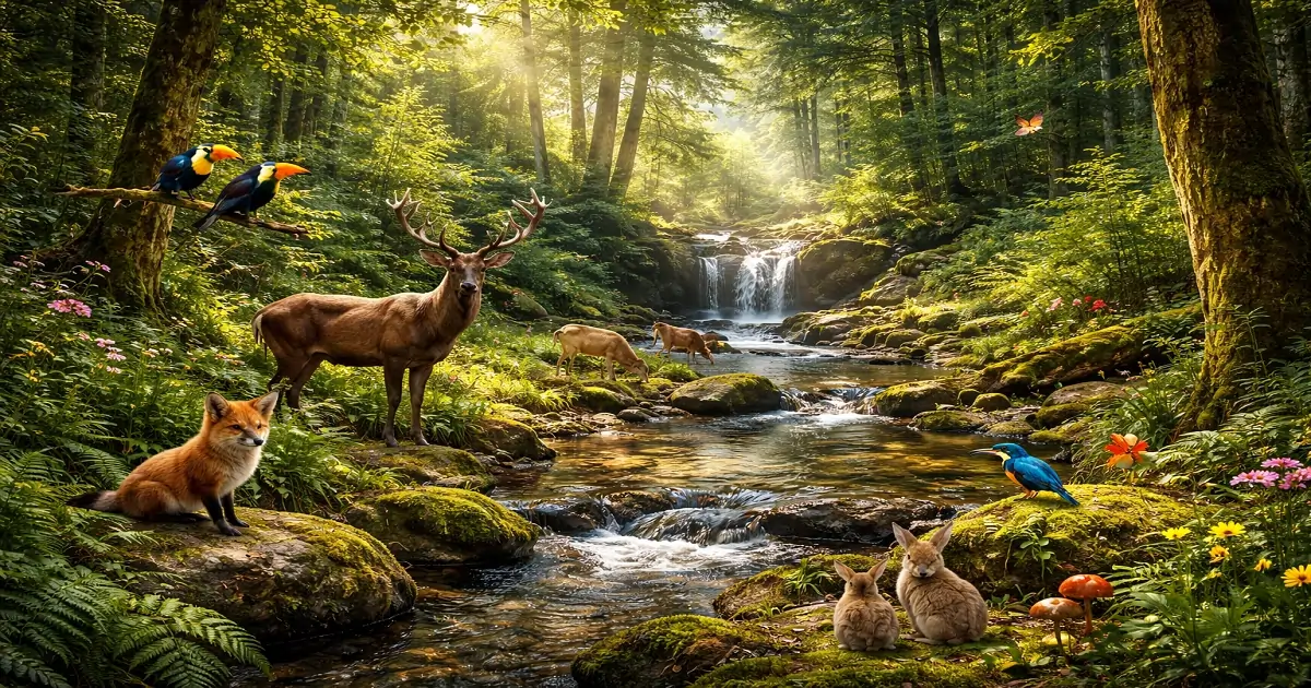 Forest biodiversity showing wildlife, plants, and flowing water within a healthy forest ecosystem.