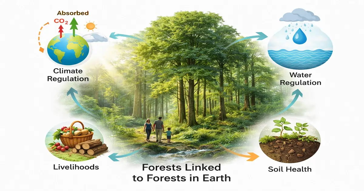 Forests connected to climate regulation, water flow, soil health, and human livelihoods.