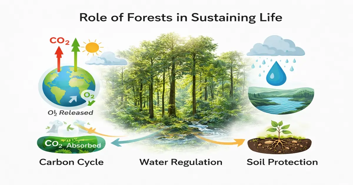 Forest processes showing carbon absorption, water regulation, and soil protection working together.