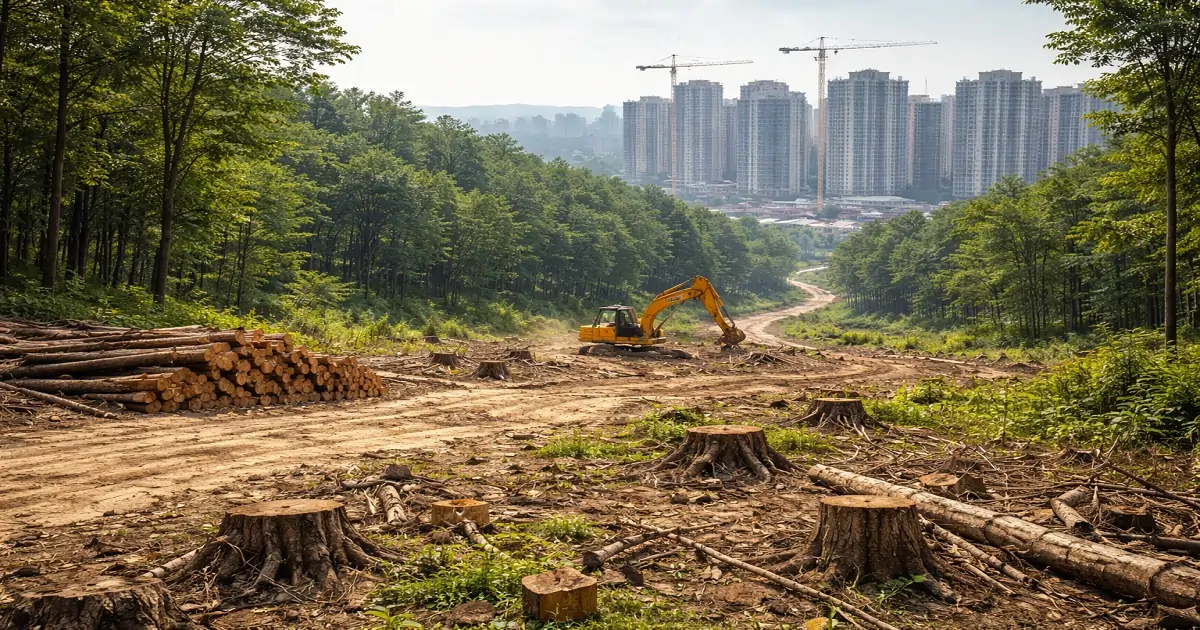 Deforestation and urban expansion near forests causing habitat loss and ecosystem degradation.