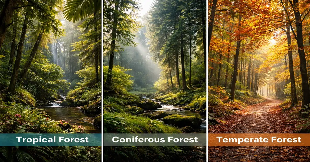 Different forest types including tropical, coniferous, and temperate forests shaped by climate and geography.