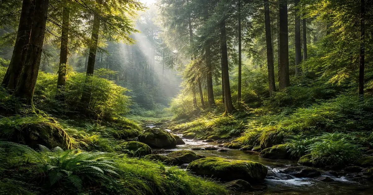 Natural forest ecosystem with layered trees, understory plants, and dense vegetation supporting ecological balance.