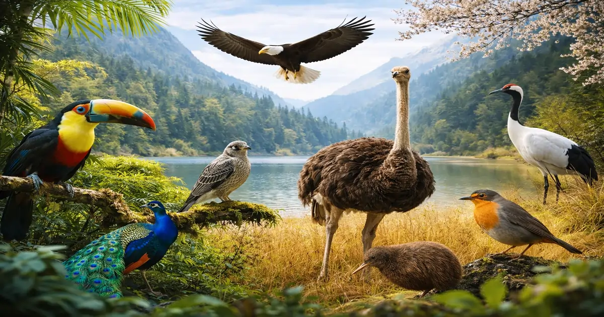 Iconic birds from different continents including peacock, kiwi, toucan, ostrich, and eagle
