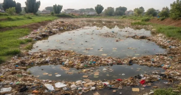 Polluted water surface with plastic waste, highlighting visible effects of water pollution on natural ecosystems