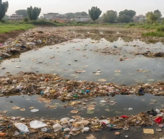 Polluted water surface with plastic waste, highlighting visible effects of water pollution on natural ecosystems