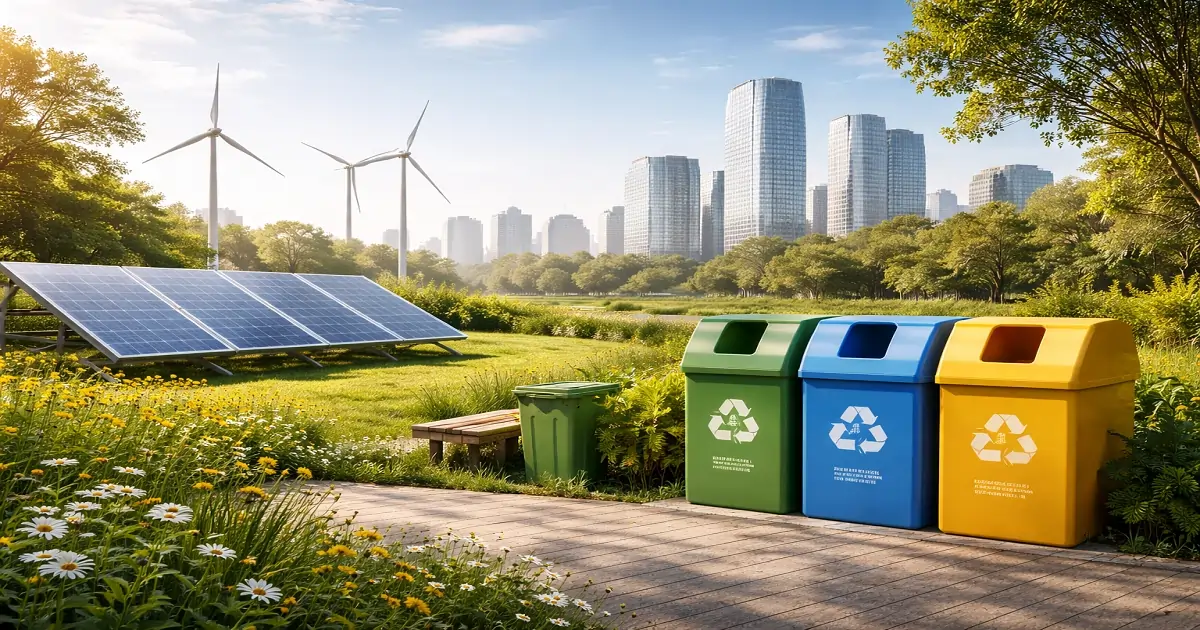 Clean energy infrastructure and urban greenery supporting pollution control and sustainable development