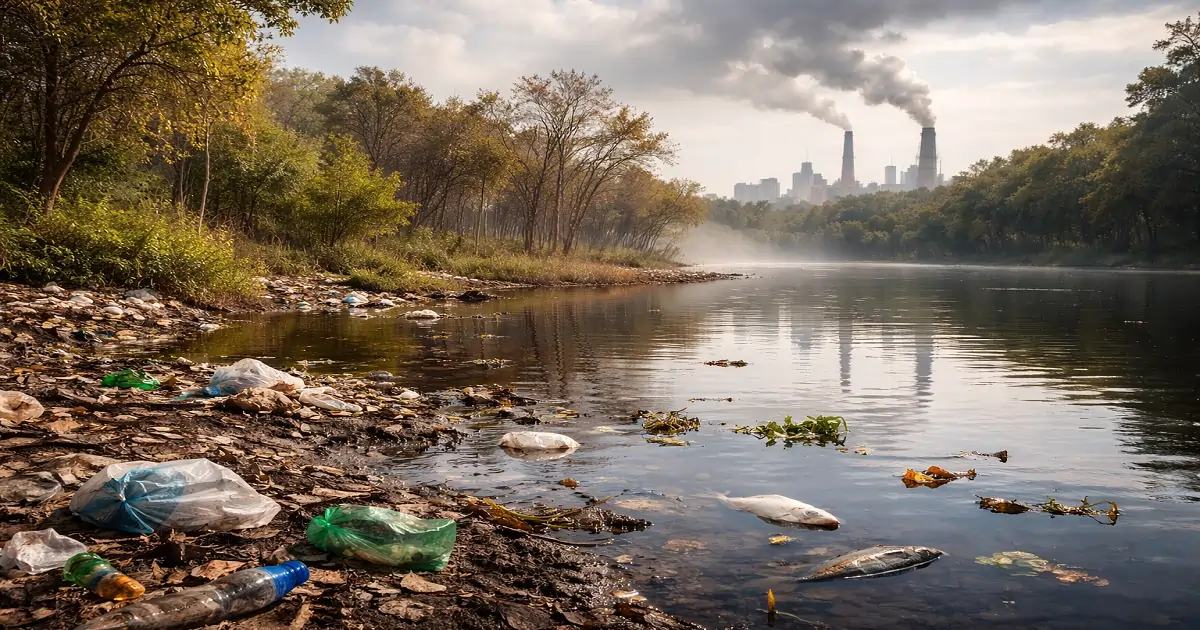Stressed natural landscape reflecting environmental damage caused by long-term pollution exposure