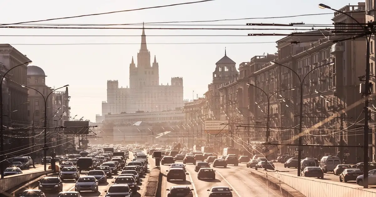 Busy city road with heavy traffic showing a common source of urban noise pollution