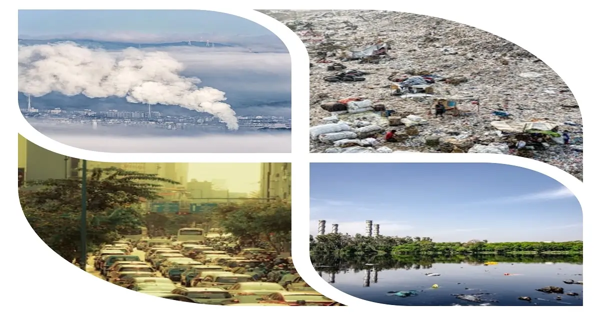Different types of pollution including air emissions, waste dumping, traffic congestion, and polluted water bodies