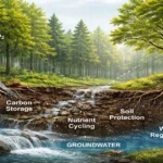 Forest ecosystem services showing soil protection, water regulation, and carbon storage through natural processes