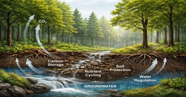 Forest ecosystem services showing soil protection, water regulation, and carbon storage through natural processes