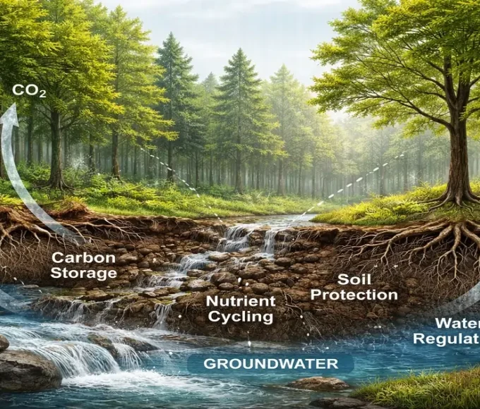 Forest ecosystem services showing soil protection, water regulation, and carbon storage through natural processes