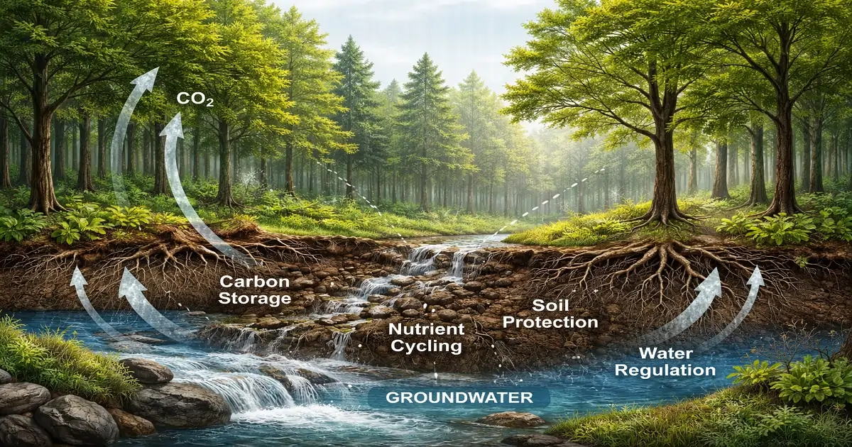Forest ecosystem services showing soil protection, water regulation, and carbon storage through natural processes