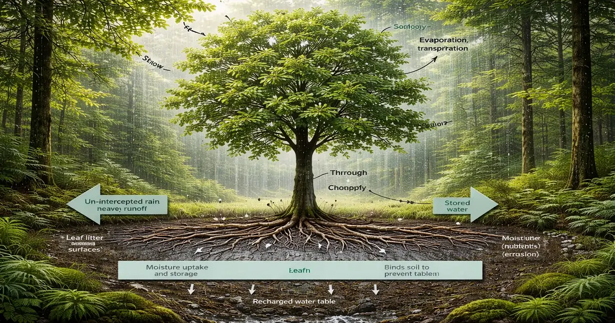 Illustration showing how forests regulate water flow, soil stability, and climate through natural processes
