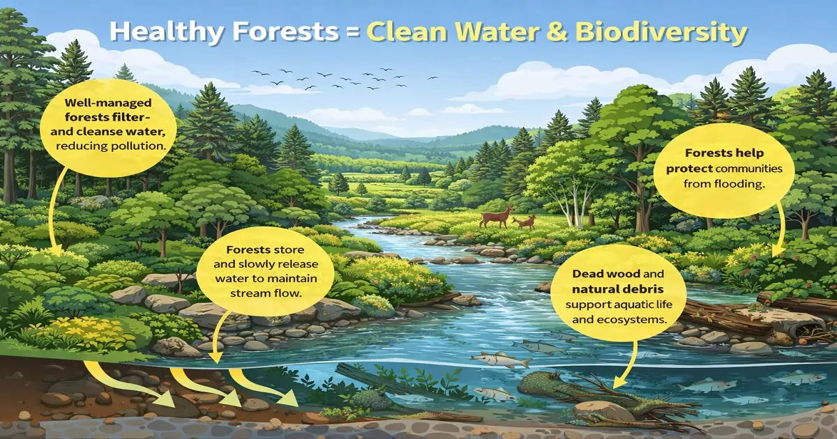 Healthy ecosystem with water and vegetation showing how biodiversity supports natural balance