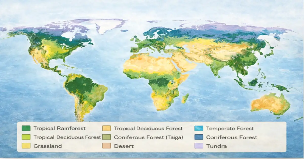 World map showing distribution of natural vegetation like forest, grassland, desert and tundra