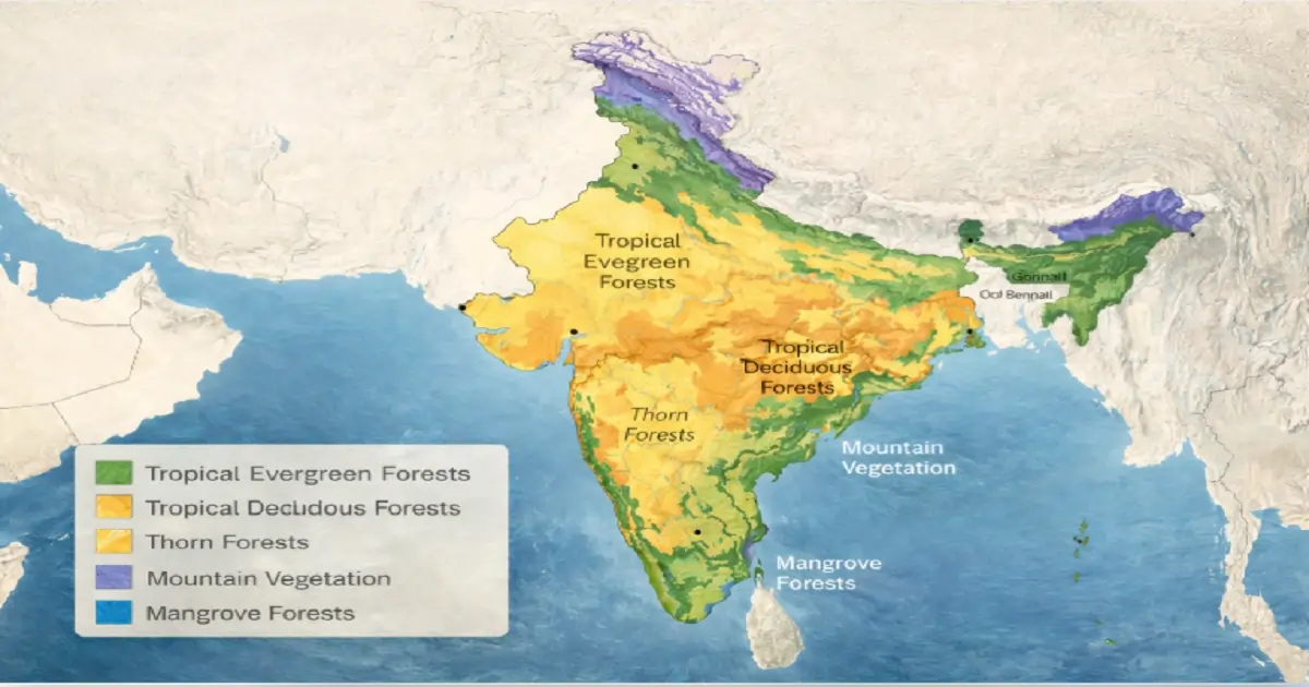 Natural vegetation map of India showing evergreen, deciduous, thorn, mountain and mangrove