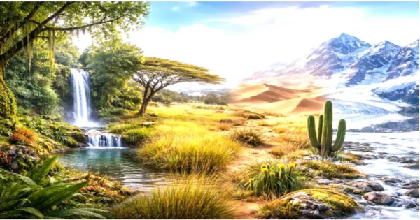 Natural vegetation types showing forest, grassland, desert and mountain ecosystems across regions