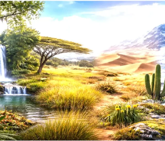 Natural vegetation types showing forest, grassland, desert and mountain ecosystems across regions