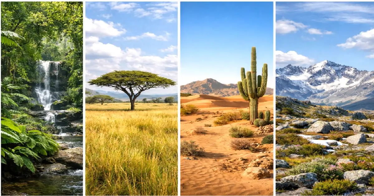 Natural vegetation types showing rainforest, grassland, desert and tundra landscapes