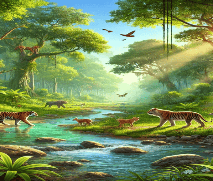 A vibrant forest with diverse wildlife, including deer, birds, and a flowing stream.