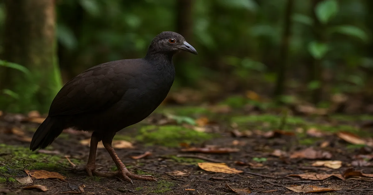 Nicobar Megapode standing in its natural habitat, surrounded by dense coastal vegetation.
